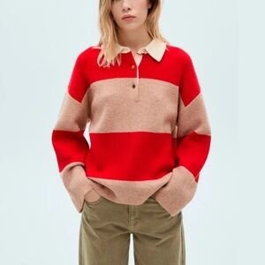 Mango striped polo neck sweater red tan striped